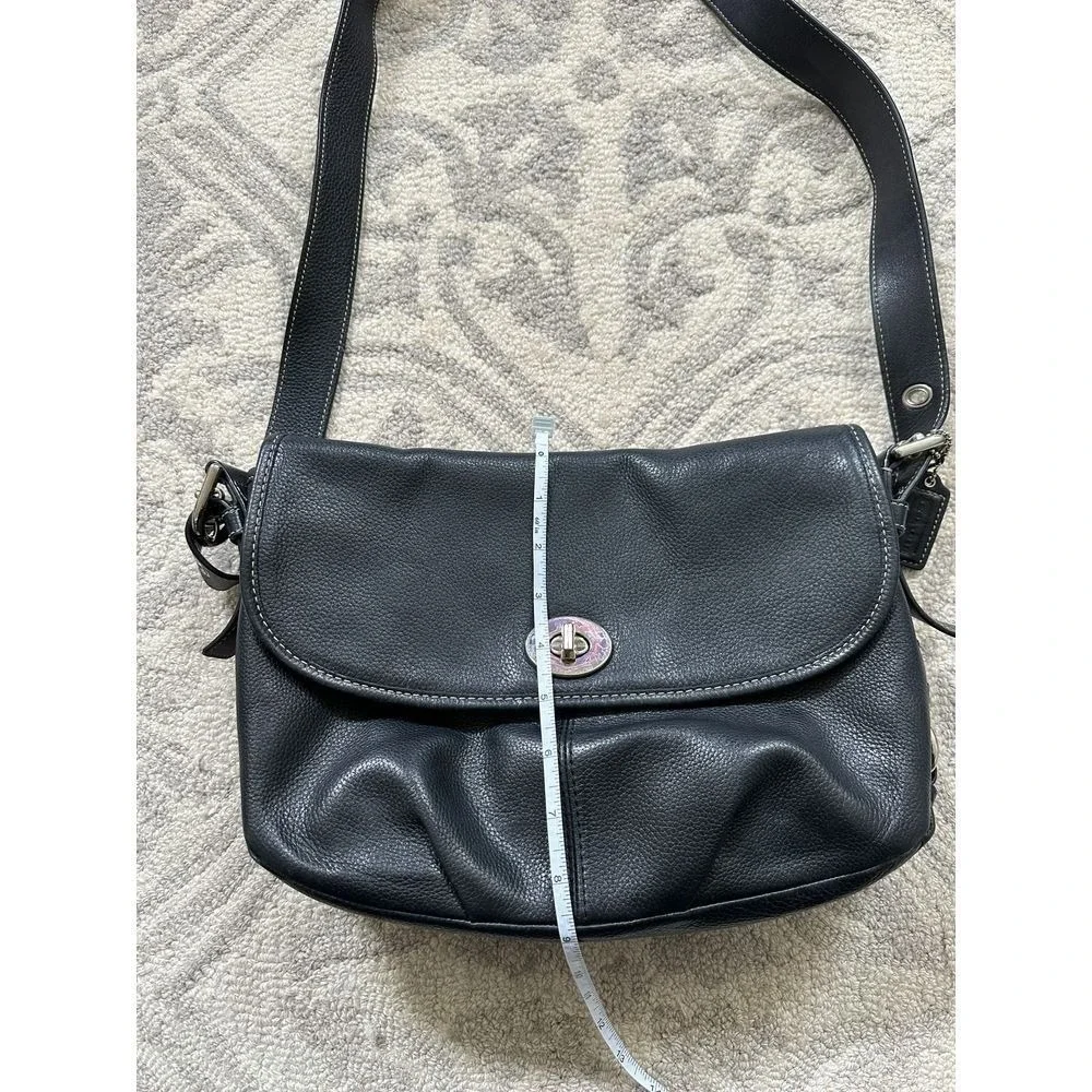 Coach Black Pebbled Leather Crossbody Turnlock Flap Messenger Silver Hardware